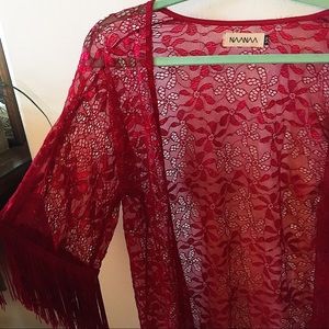 RED LACE SEXY FRINGE KIMONO! FLORAL LACE DETAIL